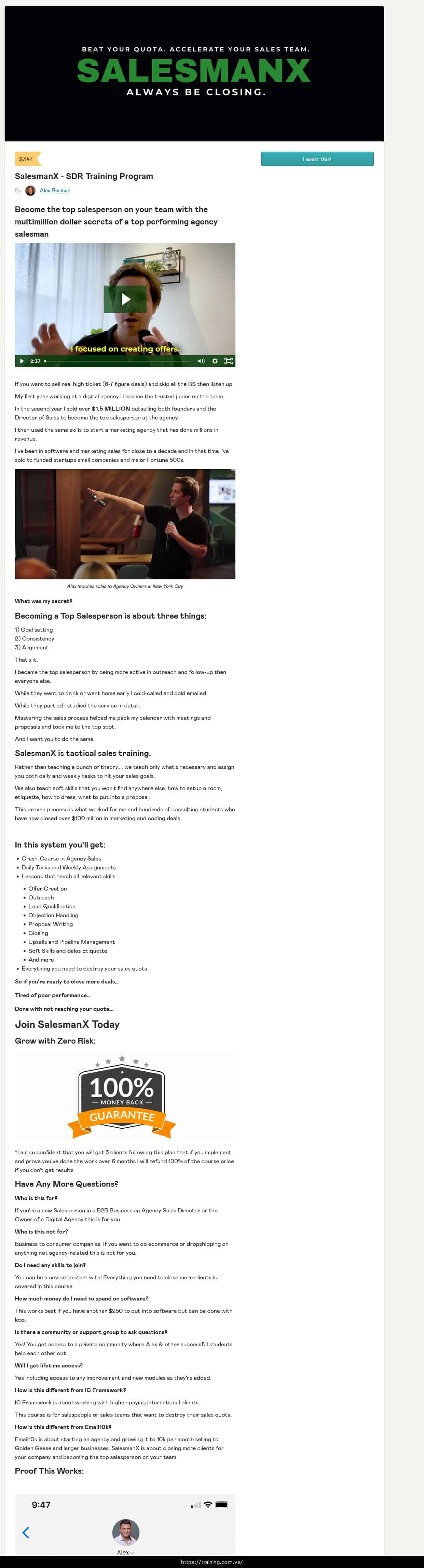 SalesmanX SDR Training Program by Alex Berman Sales Page
